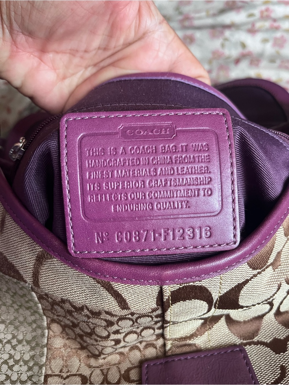 Coach Brown Signature Patchwork Shoulder Bag with Purple Trim - Picture 2 of 12